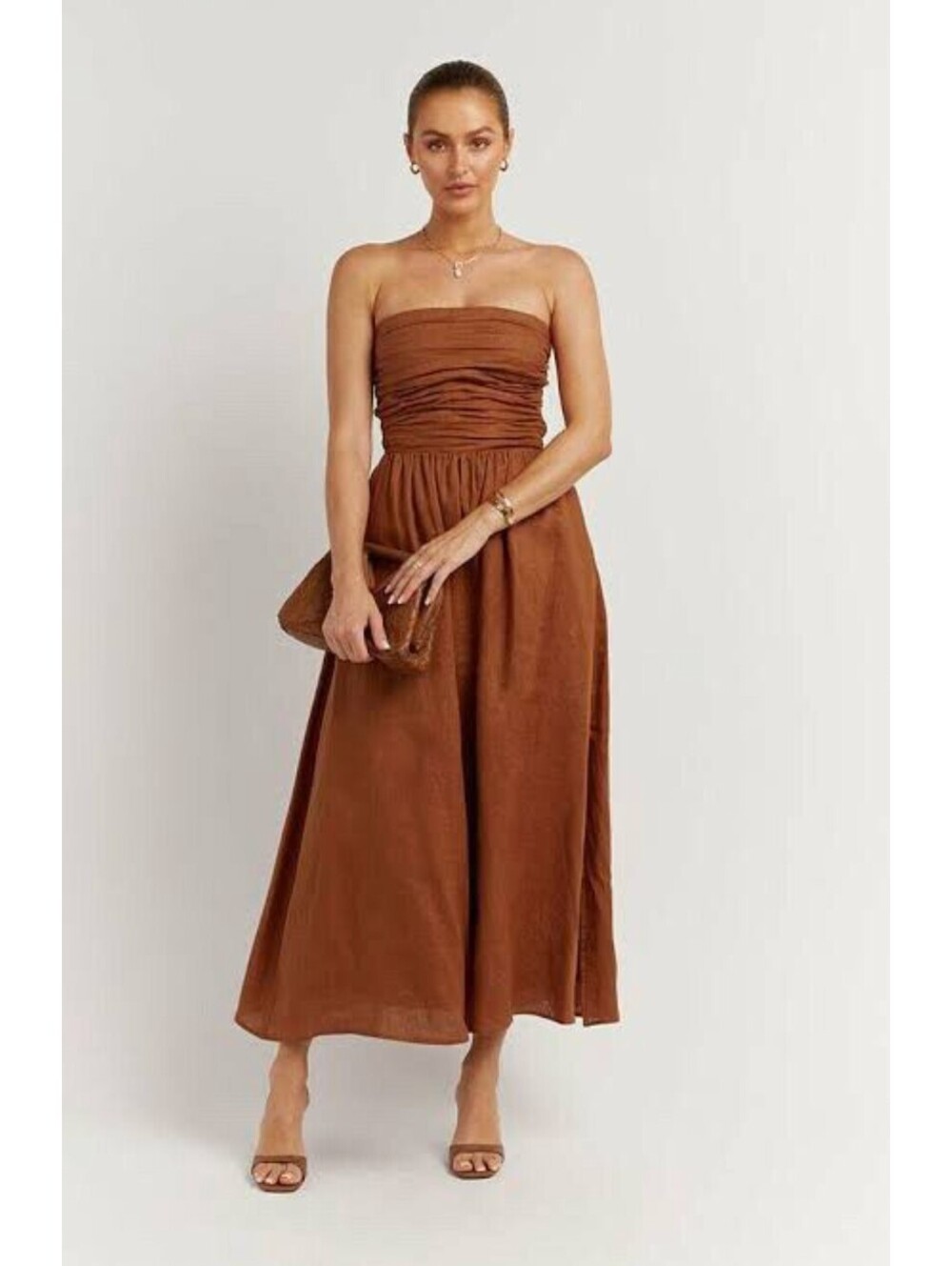 DISSH Lexi Spice Linen Strapless Midi Dress Brown US 8 NWT